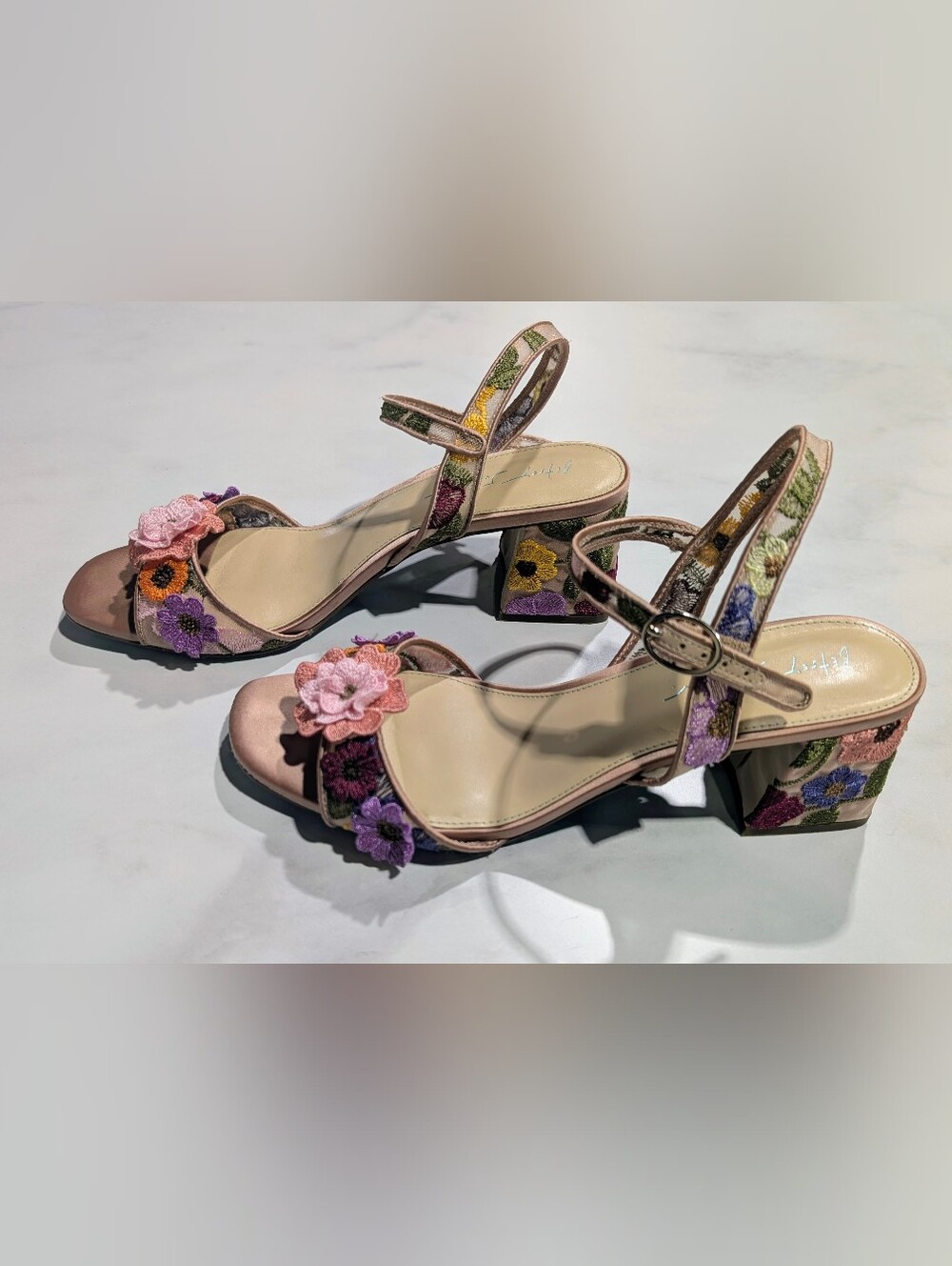 Betsey Johnson Pink Floral Applique Block Heel Sandals